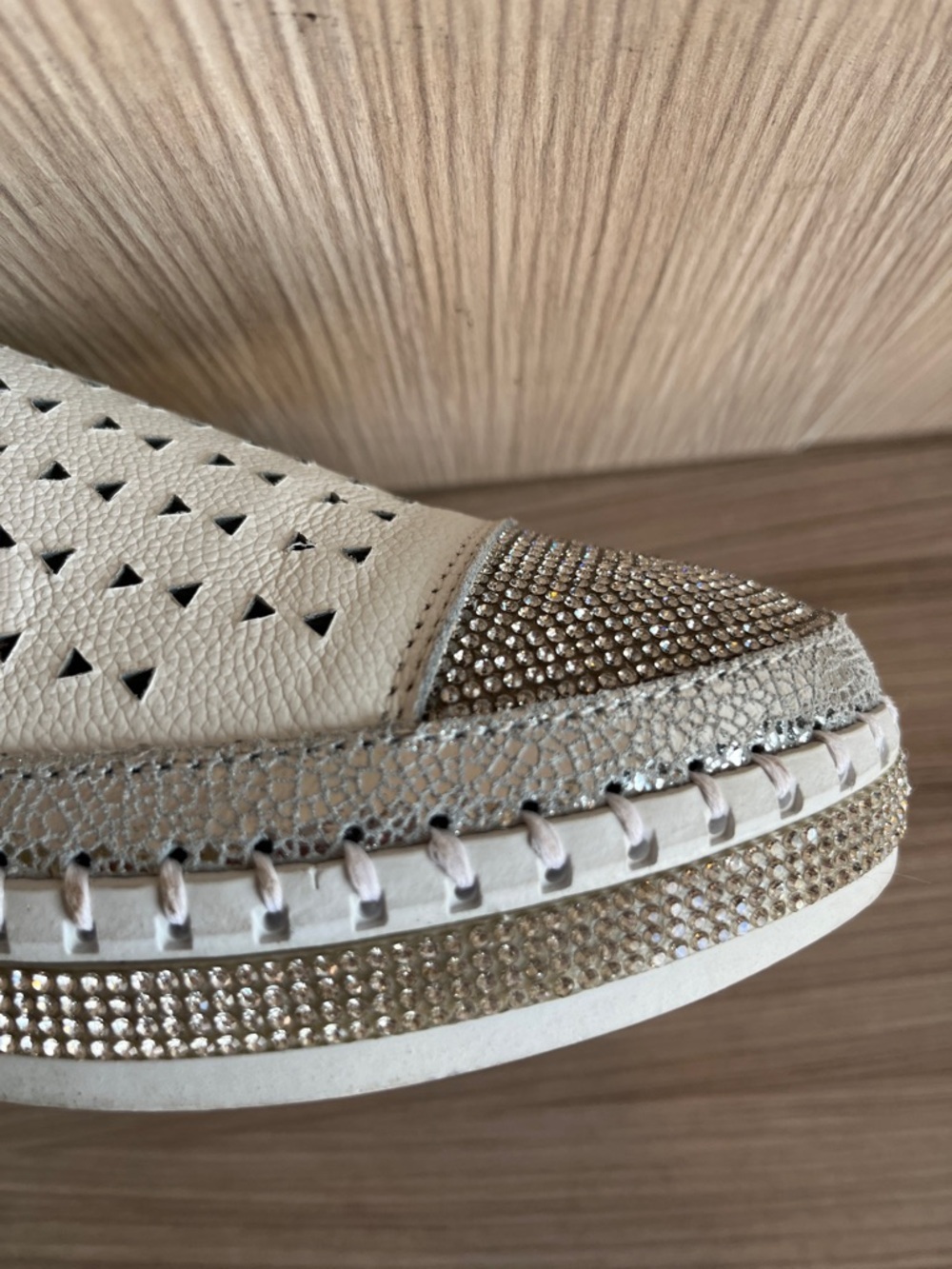 Bernie Mev White Perforated Slip-On Sneakers with Rhinestone Toes - Picture 7 of 8